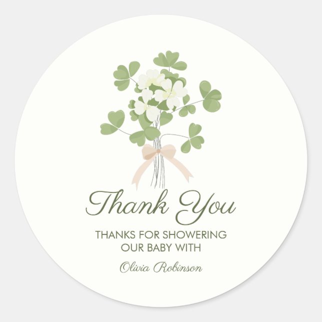 Modern Chic Lucky Shamrock with Bow baby shower Classic Round Sticker (Front)