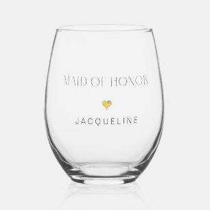 Modern Chic Made of Honour Script Gold Heart Name Stemless Wine Glass