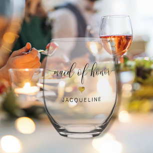 Modern Chic Maid of Honour Script Gold Heart Name Stemless Wine Glass