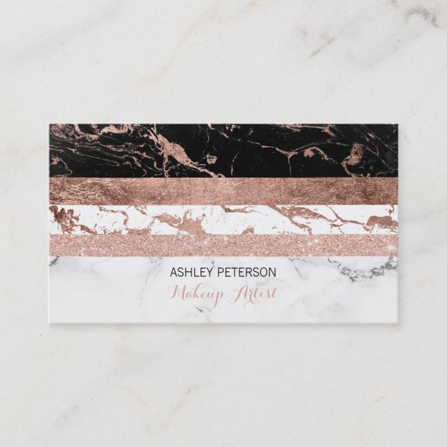 Modern chic marble rose gold stripes Makeup Business Card (Front)