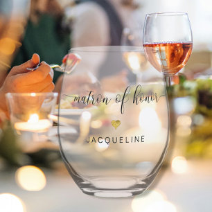 Modern Chic Matron of Honour Script Gold Heart Nam Stemless Wine Glass