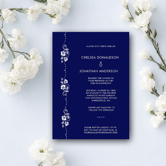 Modern Chic Minimal White Floral Navy Blue Wedding Announcement