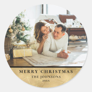 Modern Chic Minimalist Black Gold Christmas Photo Classic Round Sticker