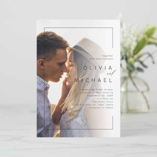 Modern chic minimalist photo wedding invitation (Standing Front)