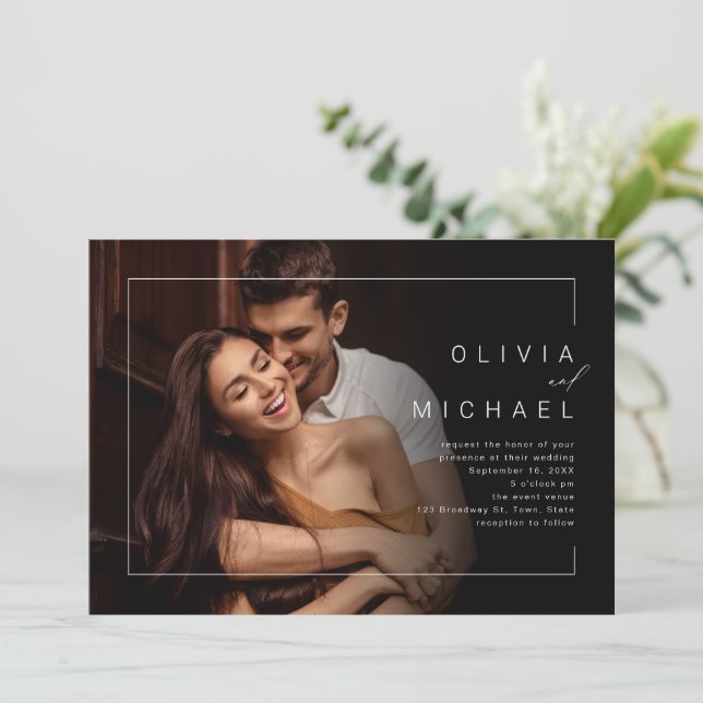 Modern chic minimalist photo wedding invitation (Standing Front)