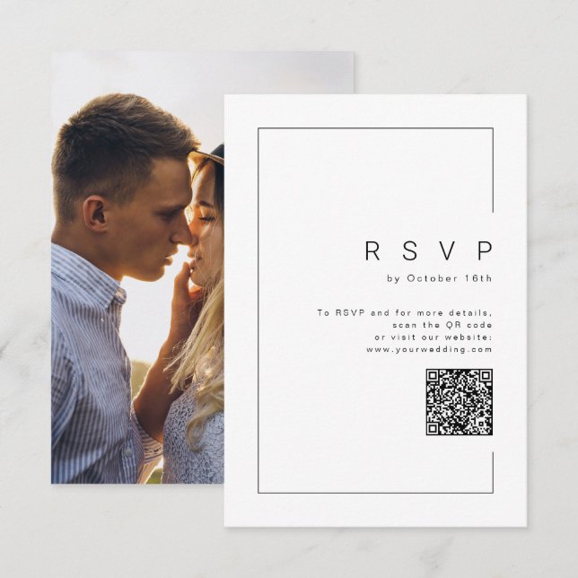 Modern chic minimalist photo wedding QR code RSVP Card (Front/Back)