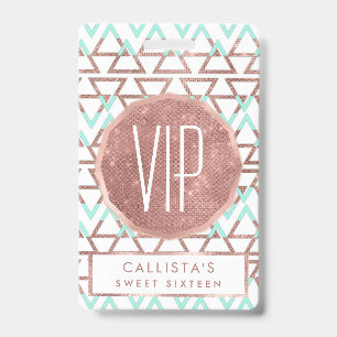 Modern Chic Mint Green Rose Gold Glitter Triangles Badge