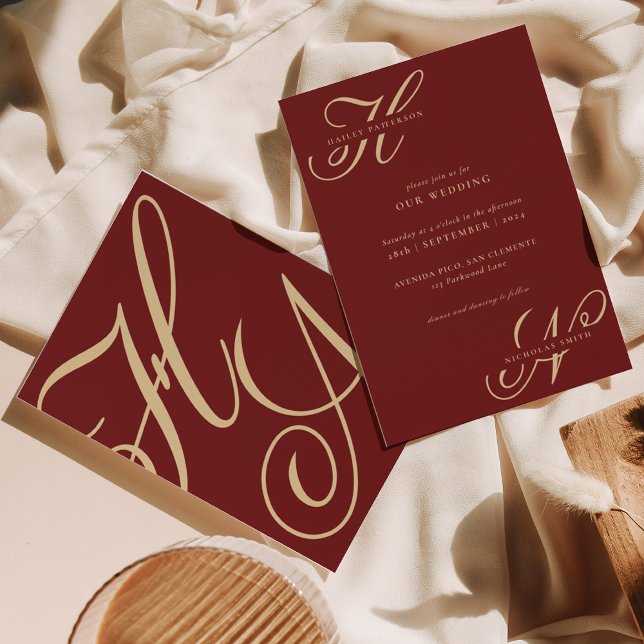 Modern Chic Monogram Burgundy and Gold Wedding Invitation (Creator Uploaded)