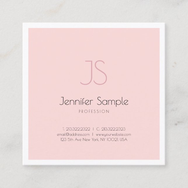 Modern Chic Monogram Design Clean Pink Plain Luxe Square Business Card (Front)