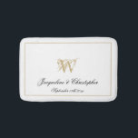 Modern Chic Monogram Names Newlywed Wedding White Bath Mat<br><div class="desc">Modern Chic Monogram Names Newlywed Wedding White Bath Mat. Stylish personalized white and gold monogrammed bath mat. Classic script for the monogrammed last name initial of the couple, the names of the bride and groom and the marriage date on a chic white background. The perfect gift for newly weds, engaged...</div>
