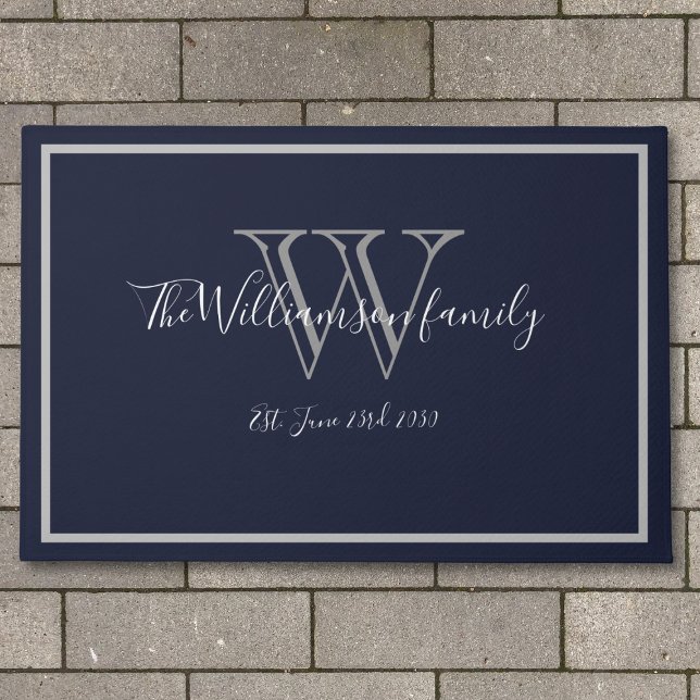 Modern Chic Monogram Script Name Wedding Welcome  Doormat (Stylish, Modern and Chic - outdoor doormat for the newlywed.)