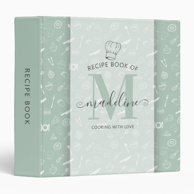 Modern Chic Monogram Teal Kitchen Utensils Recipe Binder (Front/Spine)