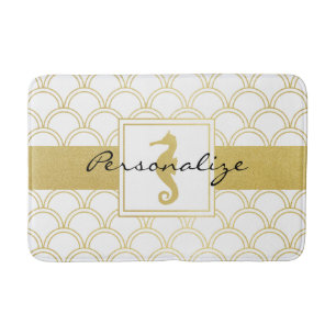 Modern Chic Nautical Pattern Gold Glitter Seahorse Bath Mat