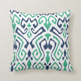 Modern chic navy blue and green ikat pillow