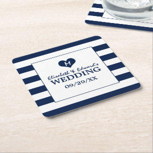 Modern Chic Navy Blue and White Wedding Square Paper Coaster