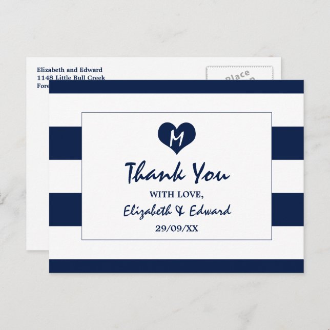 Modern Chic Navy Blue and White Wedding Thank You Postcard (Front/Back)