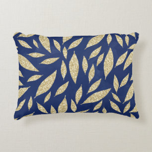 Modern chic navy blue gold glitter leaf watercolor accent pillow
