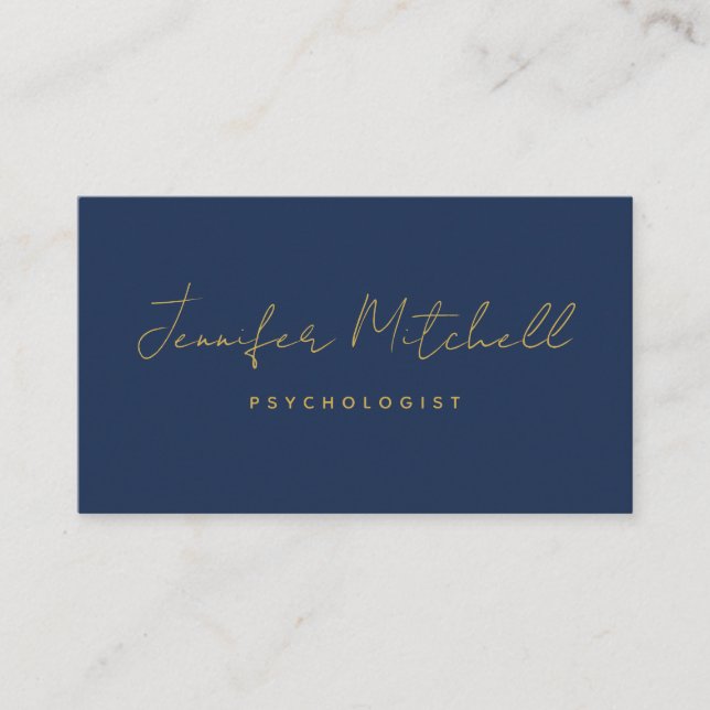 Modern Chic Navy Blue Gold Hand Written QR Code  Business Card (Front)
