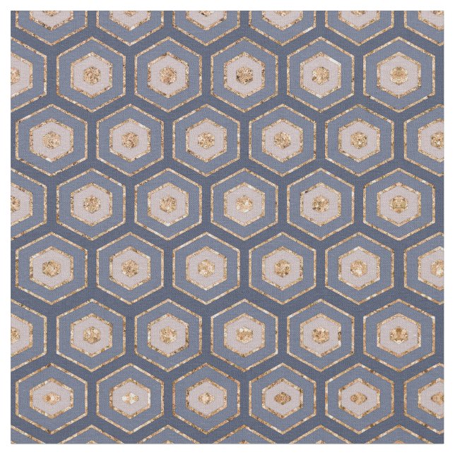 Modern Chic Navy Blue Gold Hexagon Geometric Fabric (Close Up)