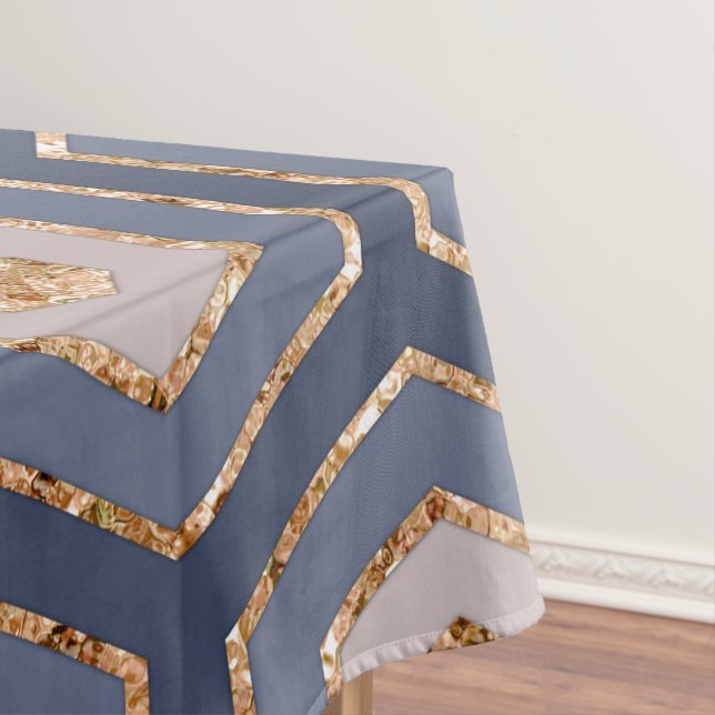 Modern Chic Navy Blue Gold Hexagon Geometric Tablecloth (In Situ)