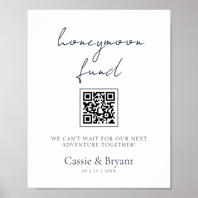 Modern Chic Navy Blue Honeymoon Fund Wedding Sign (Front)