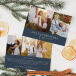 Modern Chic Navy Blue Photo Collage Christmas News Holiday Card<br><div class="desc">This modern chic navy blue photo collage Christmas news holiday card is the perfect stylish holiday greeting. This simple boho design features classic sophisticated calligraphy in rustic dark navy blue and white. Personalize the card with 5 photos (2 on the front and 3 on the back), your family name, first...</div>