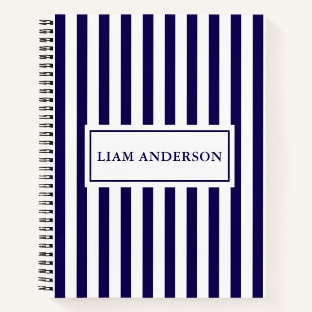Modern Chic Navy Blue & White Vertical Stripes  Notebook (Front)