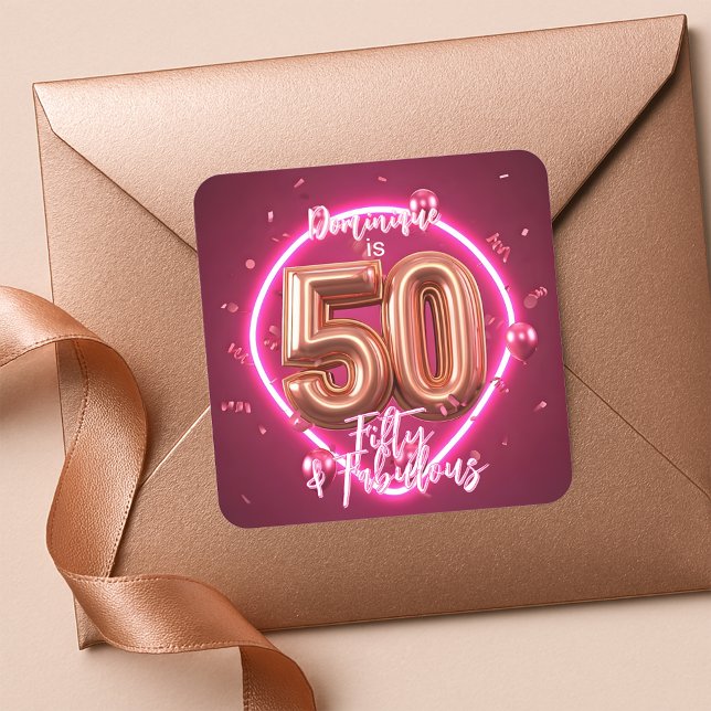 Modern Chic Neon Glow Rose Gold 50th Birthday Square Sticker (Creator Uploaded)