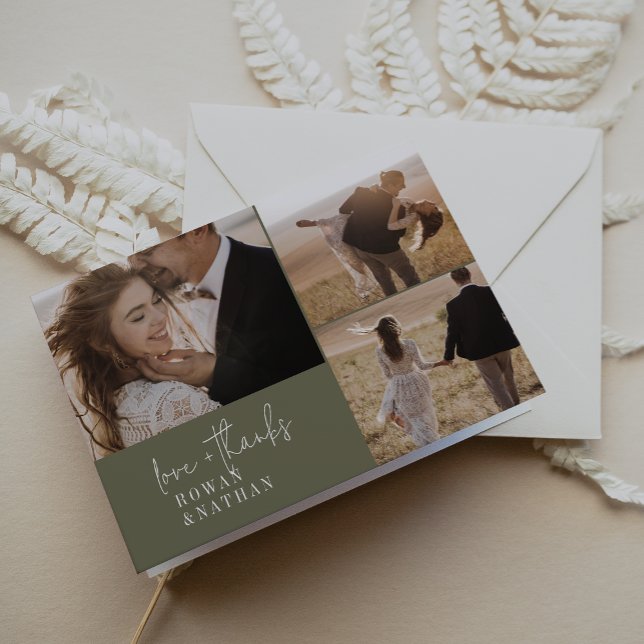 Modern Chic Olive Green 3 Photo Folded Wedding Thank You Card (Creator Uploaded)