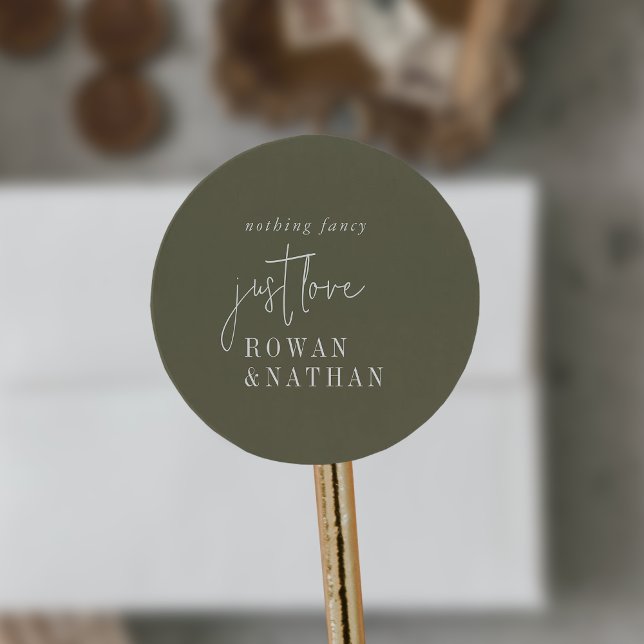 Modern Chic Olive Green Just Love Wedding Classic Round Sticker (Creator Uploaded)