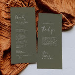 Modern Chic Olive Green Thank You and Wedding Menu<br><div class="desc">This modern chic olive green thank you and wedding menu is perfect for a simple wedding. The woodsy boho design features rustic unique and stylish bohemian typography in a minimal woodland forest green colour. Personalize the table card with your menu on the front and a thank you message for your...</div>
