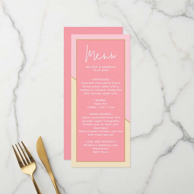 Modern Chic Pastel Pink Gold & Script Wedding Menu (Front/Back In Situ)