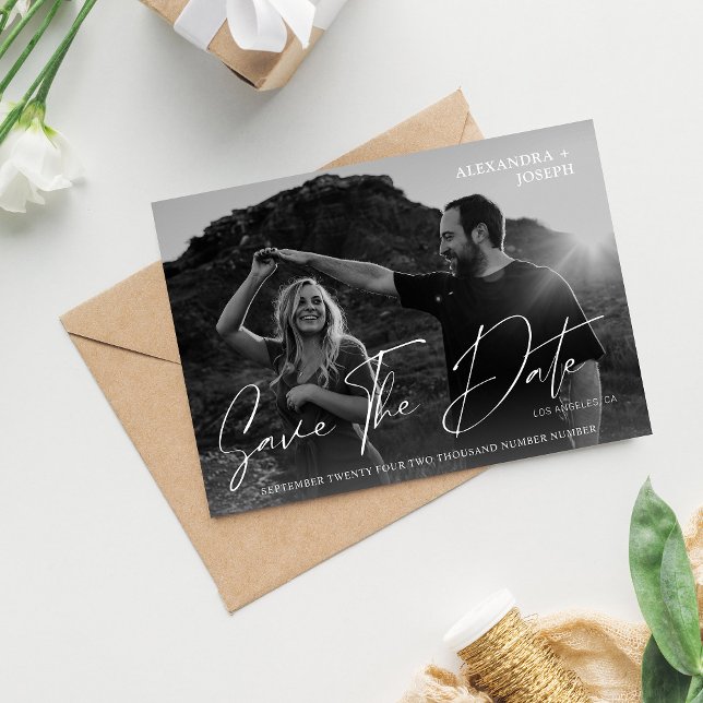 Modern Chic Photo BW Date Save the Date White Invitation (Creator Uploaded)