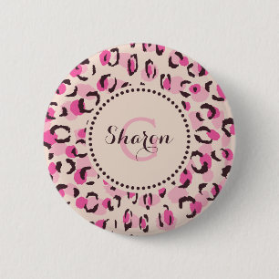Modern chic pink cheetah print pattern monogram 2 inch round button
