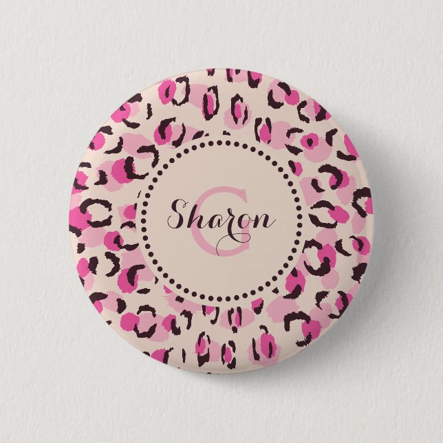 Modern chic pink cheetah print pattern monogram 2 inch round button (Front)