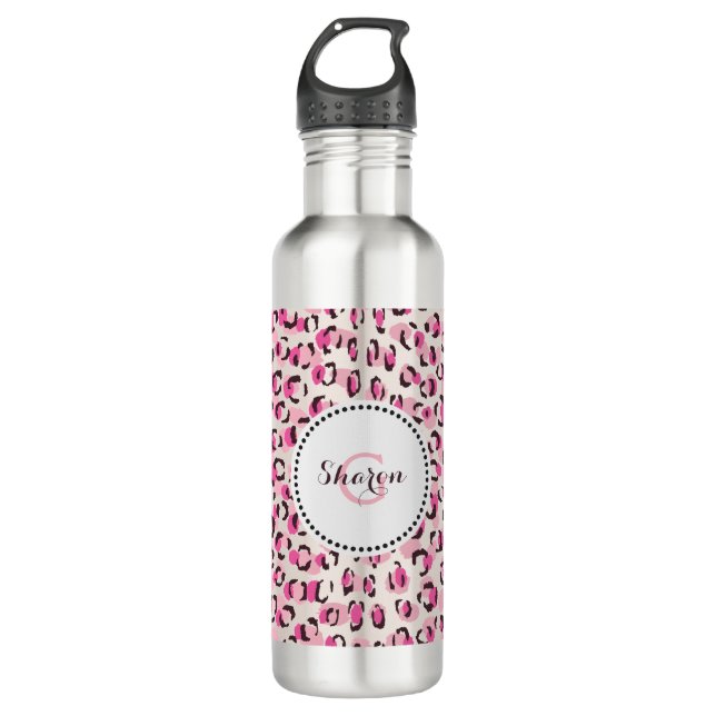 Modern chic pink cheetah print pattern monogram 710 ml water bottle (Front)