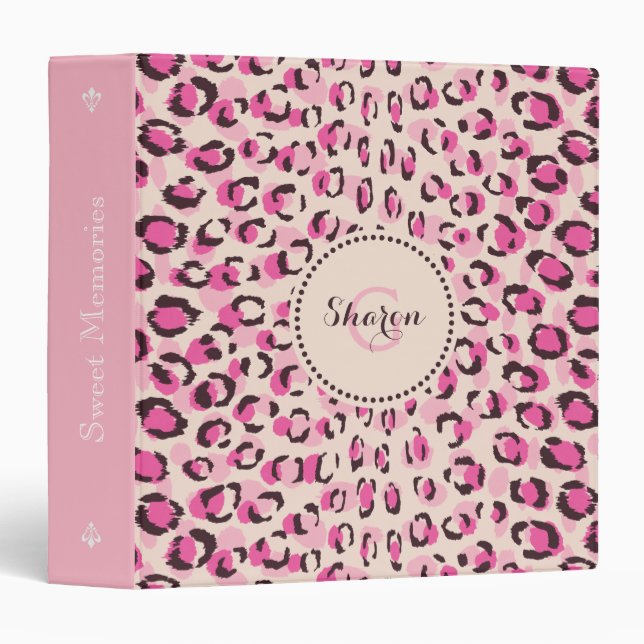 Modern chic pink cheetah print pattern monogram binder (Front/Spine)