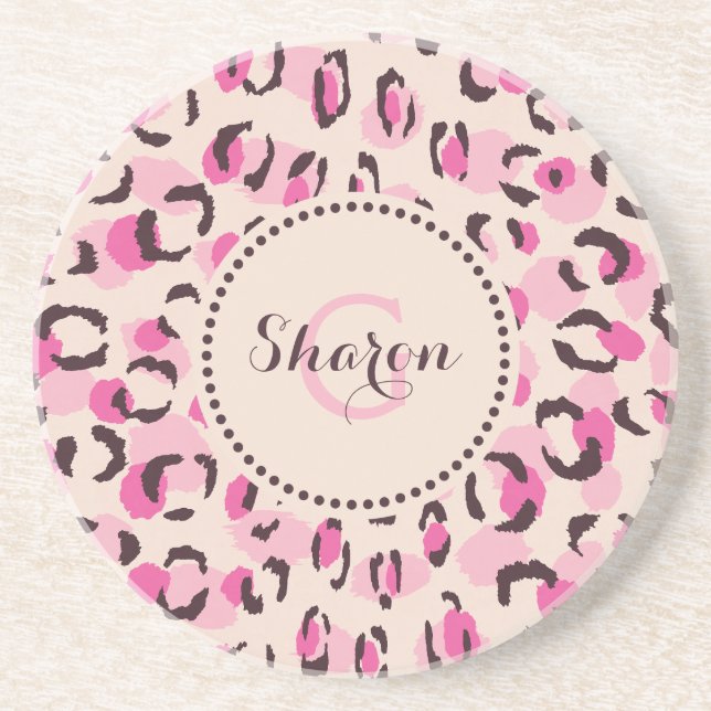 Modern chic pink cheetah print pattern monogram coaster (Front)