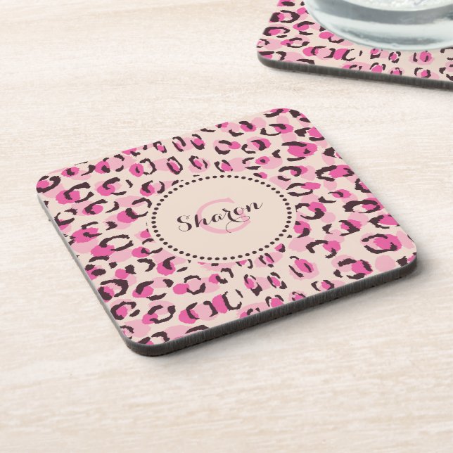 Modern chic pink cheetah print pattern monogram coaster (Left Side)