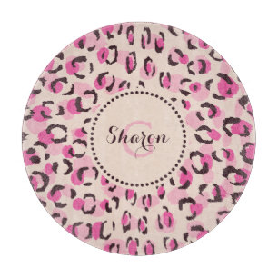 Modern chic pink cheetah print pattern monogram cutting board