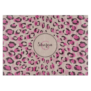 Modern chic pink cheetah print pattern monogram cutting board