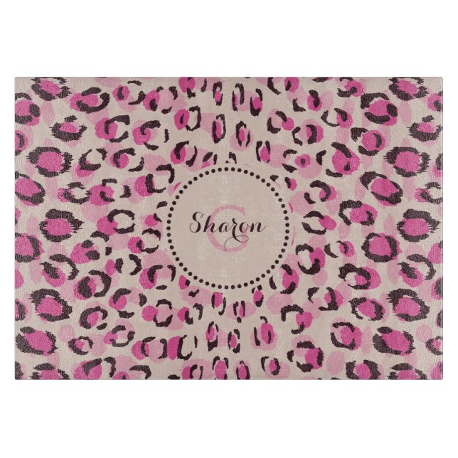 Modern chic pink cheetah print pattern monogram cutting board (Front)