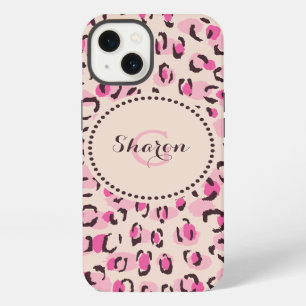 Modern chic pink cheetah print pattern monogram iPhone 13 case