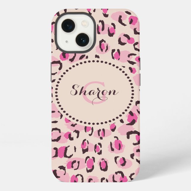 Modern chic pink cheetah print pattern monogram iPhone case (Back)