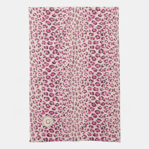 Modern chic pink cheetah print pattern monogram kitchen towel