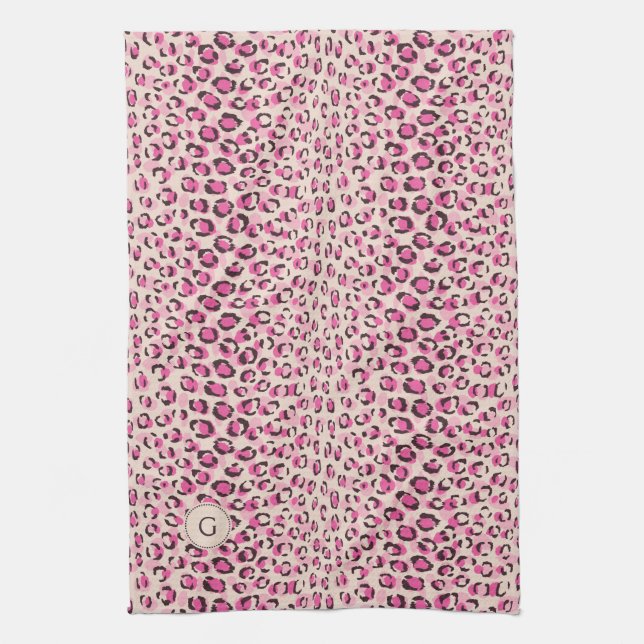 Modern chic pink cheetah print pattern monogram kitchen towel (Vertical)
