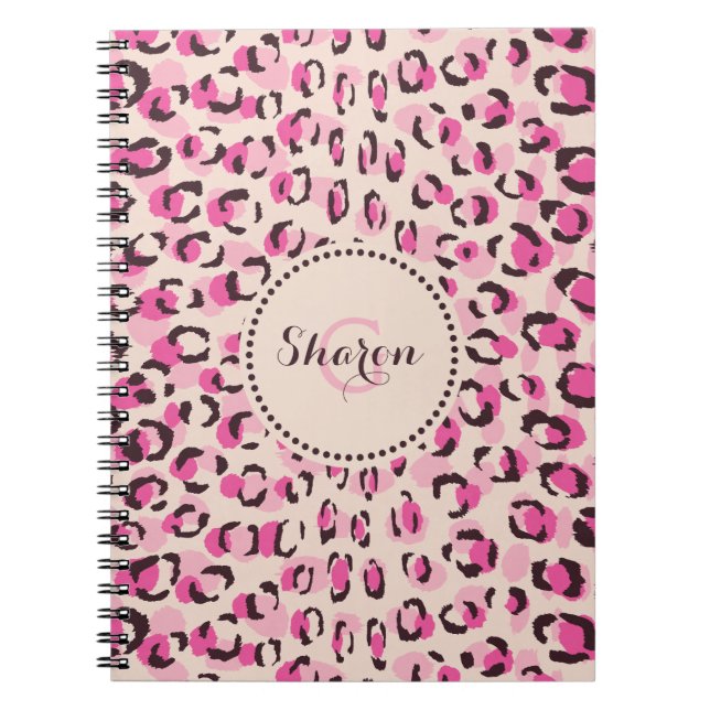 Modern chic pink cheetah print pattern monogram notebook (Front)