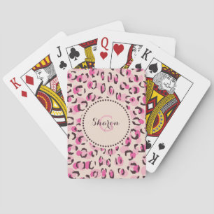 Modern chic pink cheetah print pattern monogram playing cards