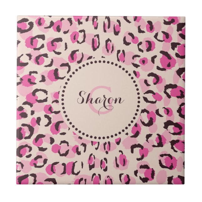 Modern chic pink cheetah print pattern monogram tile (Front)