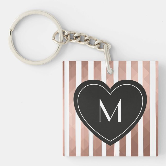 Modern chic pink gold stripes black heart monogram keychain (Front)